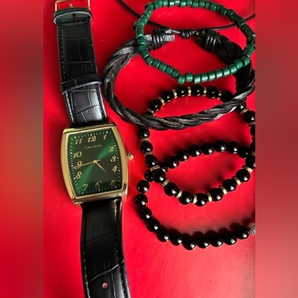 Tahari Gold and Black Men's Watch with Green Dial